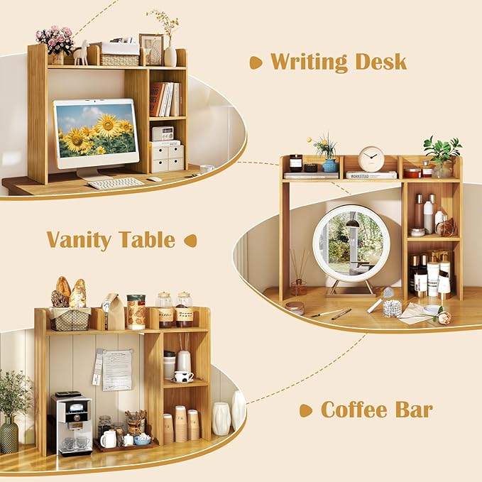 Desktop Bookshelf, 3-Tier Desk Hutch Shelf with 5 Display Rack for Computer Desk, Desk Organizer Shelves for Top of Desk, Dorm, Home, Office (Oak)