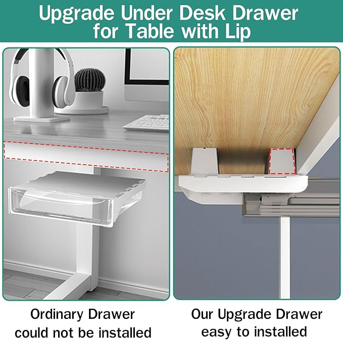 SVNNELP 2 Pack Upgrade Under Desk Drawer for Table with Lip,Office Attachable Plastic Desktop Accessories & Workspace Organizers,Hidden Under Table Desk Storage Organizer Pencil Tray Drawer Slide Out