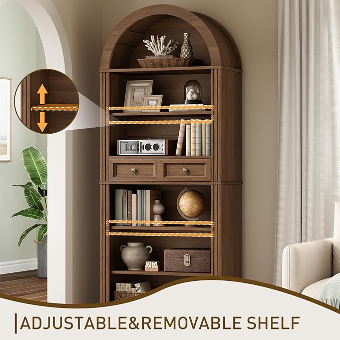 RALGEND Arched Bookshelf, 73" Tall Arch Bookcase with Drawers, 6-Tier Farmhouse Book Shelf, Wooden Bookshelf with Open Display Shelves for Living Room, Office, Adjustable Shelf, Walnut