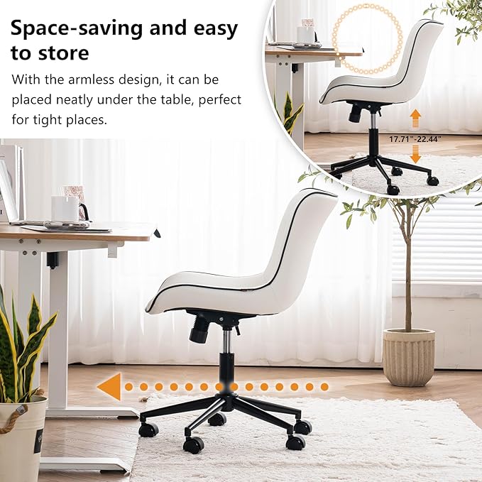 YOUNIKE White Armless Office Chair Faux Leather Small Cute Desk Chair with 12° Rocking Back Adjustable Height Swivel Vanity Chair Ergonomic Compact Home Computer Rolling Task Chair for Small Spaces