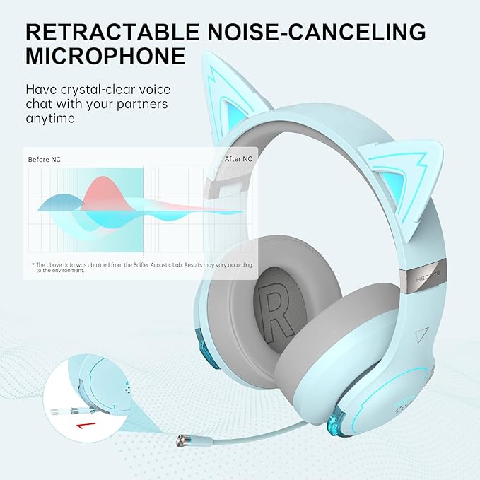 Edifier G5BT CAT Wireless Bluetooth Gaming Headset with Mic, Wired Cat Ear Headphones, Over Ear Headphones with Detachable Cat Ear, RGB Light, for PC, PS5, PS4, Nintendo Switch (Blue)