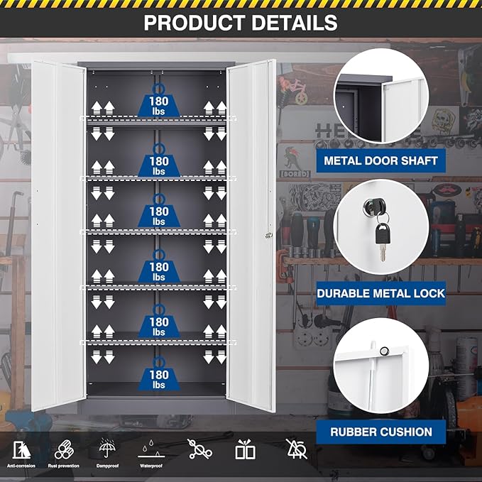 Fesbos Metal Cabinet Steel Storage Cabinet - 71” Tall Steel File Cabinets with Lockable Doors and 5 Adjustable Shelves Gray&White Storage Cabinets for Home, School, Office, Garage