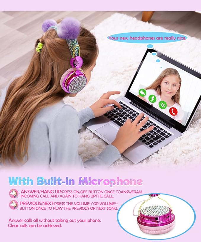 SVYHUOK Cat Ear Wireless Headphones for Kids with Mic, Bluetooth Over Ear Headset for School Cellphone Smartphones Laptop PC LED Light,Wired Headset for School Home (Violet Ball)