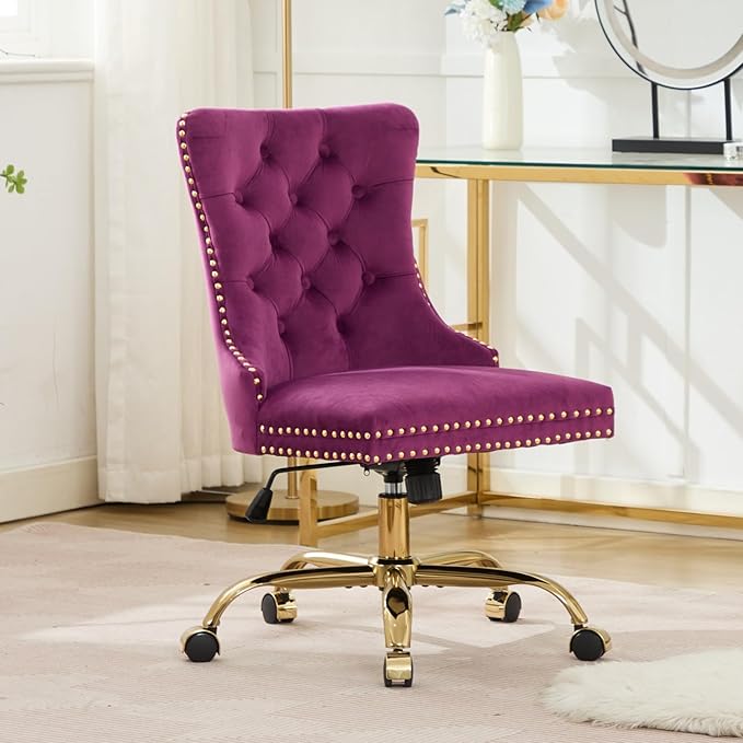Goujxcy Desk Chair, Modern Velvet Upholstered Tufted Button Home Office Chair, 360° Swivel Armless Desk Chairs, 120°Rocking Ergonomic Computer Task Vanity Chairs, Purple