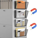 MFTEK Magnetic File Holder, 4 Pockets Magnetic File Folder Holder No Drilling Magnet Paper Mail Organizer Magazine Basket, Hanging Wall Storage Rack for Fridge Cabinets Office Classroom