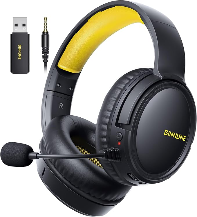 BINNUNE Wireless Gaming Headset — 2.4GHz Low-Latency USB Dongle + Bluetooth, 50mm Drivers 7.1 Surround, Noise-Cancelling Mic, 40H Battery — Over Ear Wireless Headphones for PS5, PC, Laptop, Yellow