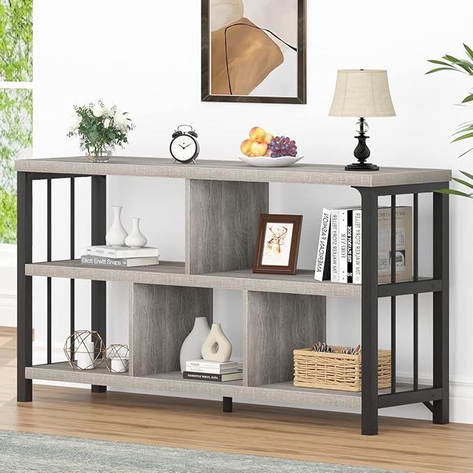 IBF Industrial Horizontal Bookshelf, Modern 5 Cube Storage Organizer Open Shelf, Low Wide Cubby Bookcase for Home Office Living, Wooden Metal Short Book Shelf Bedroom Storage, Light Grey Oak, 47 Inch