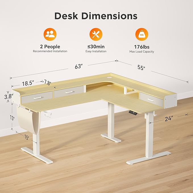 WALKINGDESK 63 Inches Height Adjustable L Shaped Standing Desk with 3 Drawers and Monitor Shelf, Electric Sit to Stand Home Office Comupter Table, Ergonomic Corner Gaming Desk, Oak