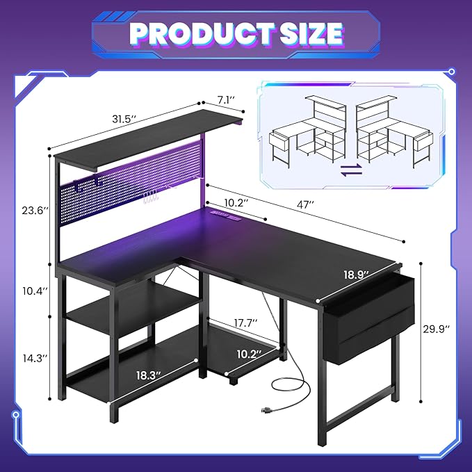 Apicizon L Shaped Desk Gaming Desk with LED Light & Power Outlet, 47 Inch Reversible Computer Desk with Pegboard & Shelf & Storage Bag for Home Office, Black