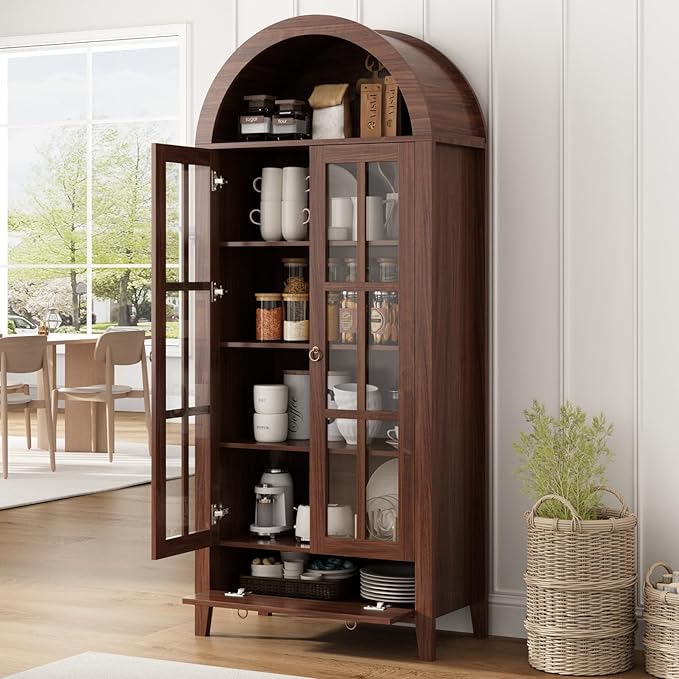 70" Tall Arched Cabinet, Modern Farmhouse Wooden Display Cabinet with Glass Doors, 6 Tier Bookshelf w/Adjustable Shelves for Living Room, Office, Walnut