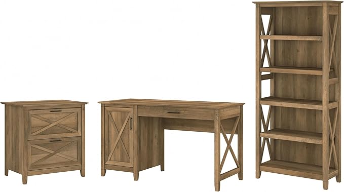 Bush Furniture Key West 54W Computer Desk with 2 Drawer Lateral File Cabinet and 5 Shelf Bookcase in Reclaimed Pine