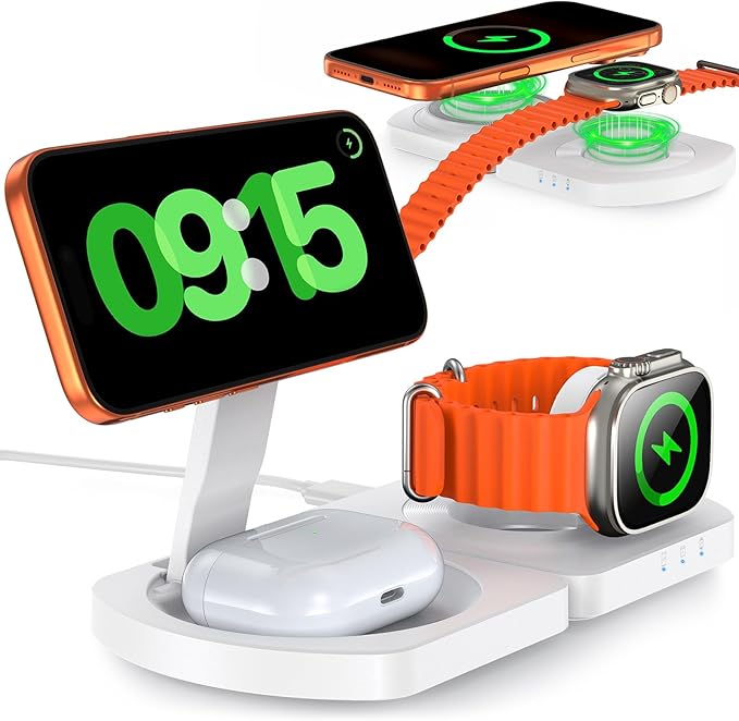 EGV Wireless Charger for iPhone, 3-in-1 Magnetic Charging Station for Apple, MagSafe Charger Stand for iPhone 17 Air 16 15 14 13 12 Series, Airpods Pro, Apple Watch Ultra, Foldable, No Adapter, White