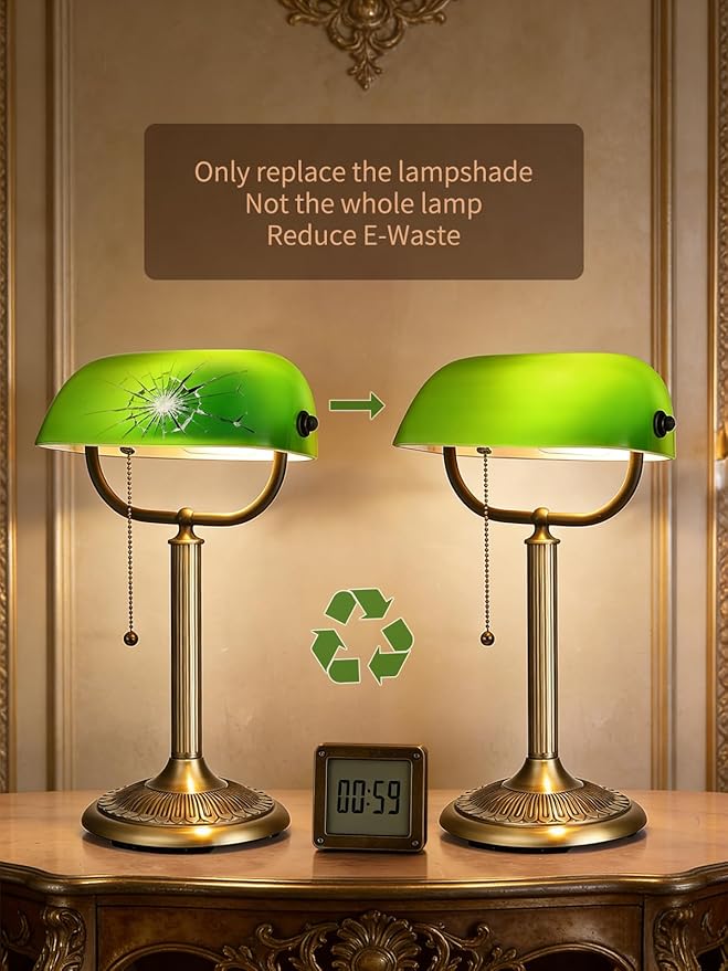 Newrays 1-Minute Quick-Change Shade Classic Green Glass Bankers Desk Lamp for Study, Office, Library, LED Bulb Included