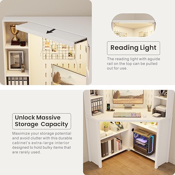 Corner Desk with LED Reading Lights, L Shaped Computer Desk with Hutch & Shelves, Triangle Home Office Desk w/ Charging Station for Work & Study, File Cabinet Storage Bookshelf for Small Space (White)