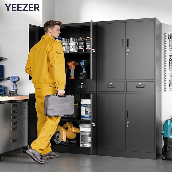 71" H Tall Metal Storage Cabinet with 2 Drawers, Metal Garage Storage Cabinet with Lock and 2 Adjustable Shelves for Home, Office, Garage, Warehouse Organize, Black