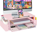 AUPSEN Pink Desk Organizers and Accessories, 2-Tier Wood Computer Monitor Stand with Drawer, Pen Storage & Phone Holder, Office Desk Accessories, Workspace Desktop Organization for Office Supplies
