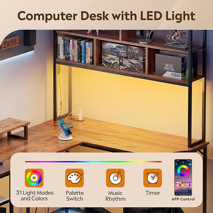 DEVAISE L Shaped Gaming Desk with Hutch, Reversible Computer Desk with LED Light, 3-Tier Shelves, 2 AC+2 USB Outlet and Monitor Stand, Corner Desk with Storage for Home Office (Rustic Brown, 60 Inch)