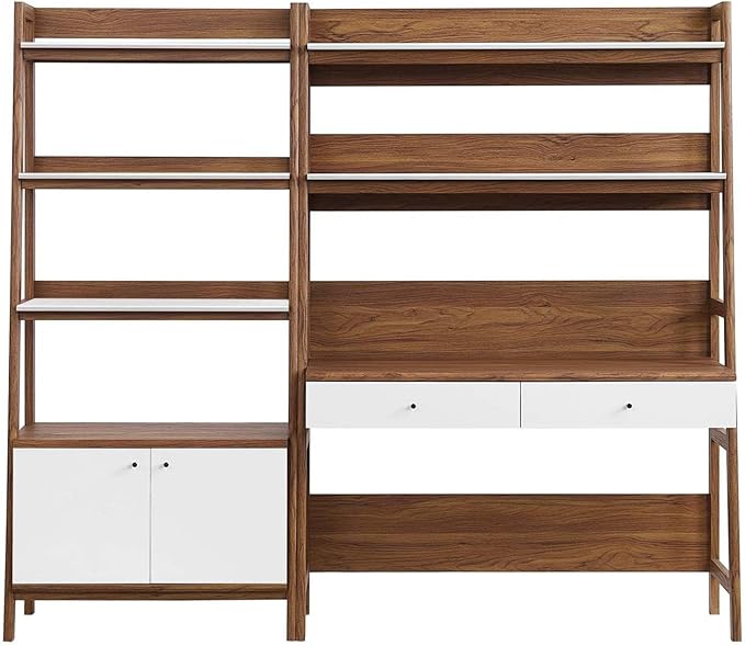 Modway 2-Piece Home Office Desk and Bookshelf Display Case in Walnut White