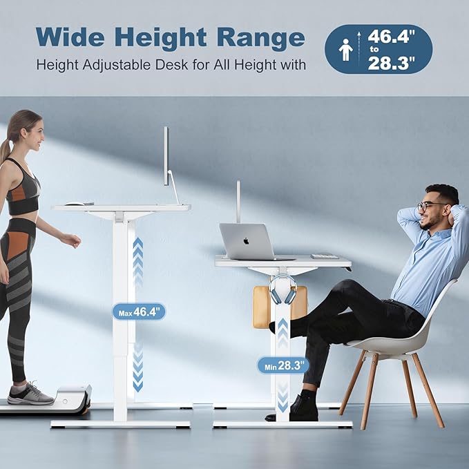DUMOS 55 Inch Electric Standing Desk Height Adjustable, Sit to Stand Computer Workstations Large Work PC Table Home Office Writing Gaming Desks with Memory Presets for Walking Pad, Bedroom, White