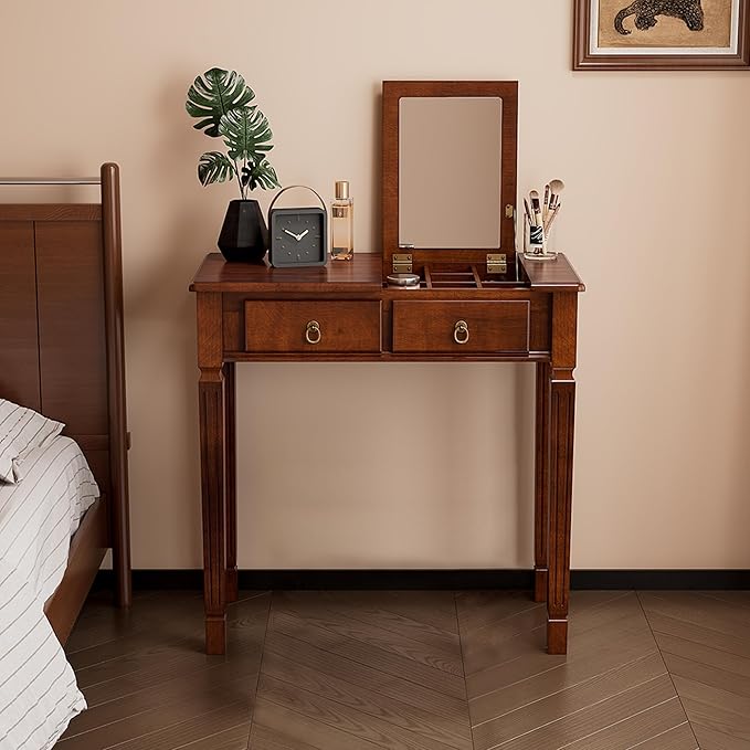 Flip Top Wood Makeup Vanity Desk Set with Mirror, Small Vintage Dressing Vanity Table Set with 2 Drawers & Matching Padded Bench Stool Writing Desk with Button Tufted Cushioned Stool, Cherry&Wine Red