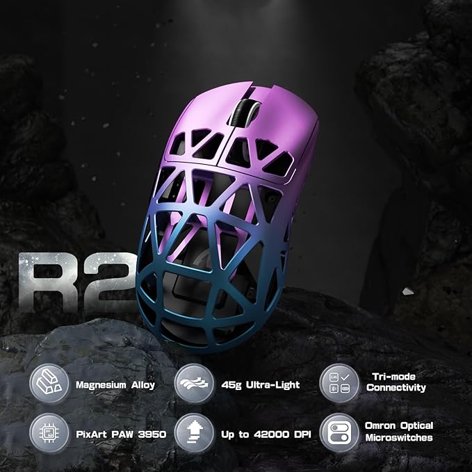 ZIYOU LANG x Attack Shark R2 Wireless Gaming Mouse, Lightweight Magnesium Alloy, PAW3950 42000 DPI Optical Sensor, 8KHz Polling Rate, BT/2.4G/Wired Programmable Mice with Grips Sticker (Purple Blue)