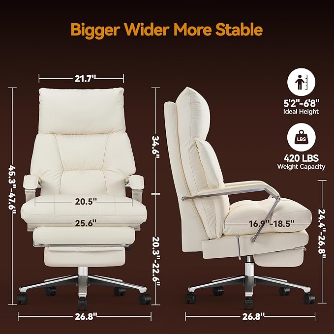 OKUP M76 160° Reclining Executive Office Chair with Footrest, Adjustable Seat Depth, 10" Thick Cloud Cushion Desk Chair, 420lb Heavy Duty High Back Leather Desk Chair for Home Office, Cream