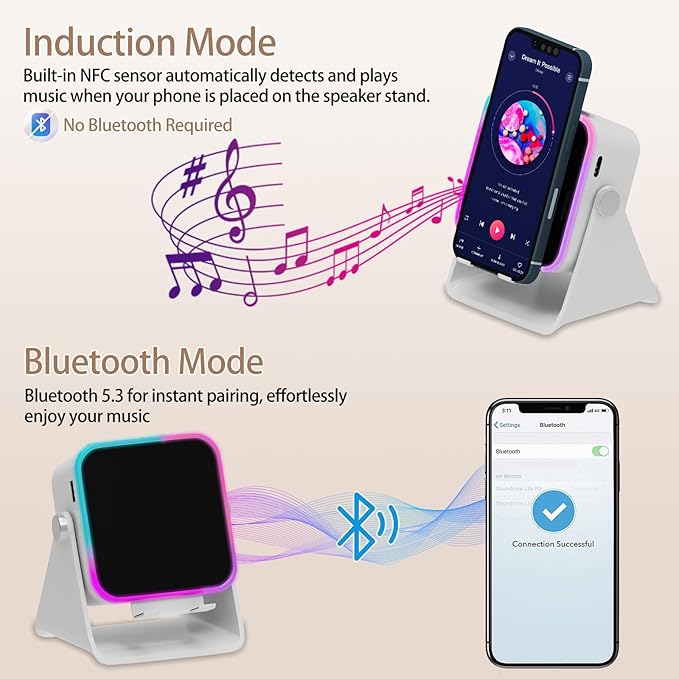 Wireless Induction Speaker 5-in-1 Bluetooth Speaker with Phone Holder, Surround Sound, 3500mAh, 8 RGB Ambient Lights, 360° Adjustable Stand, Holder for iPhone/Android/iPad Gifts for Men Women (White)
