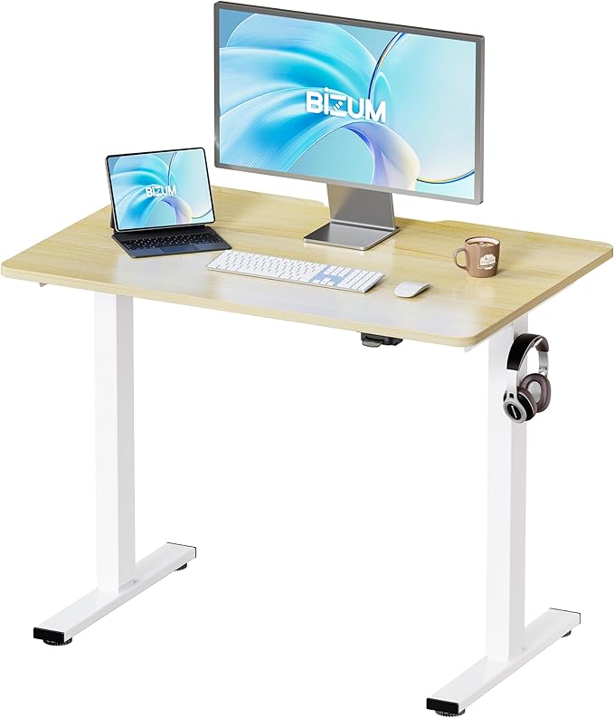 BIZUM 35.4" Small Electric Standing Desk Height Adjustable, Whole Piece Stand Up Computer Desk Work Study Writing Gaming Desks for Home Office Oak