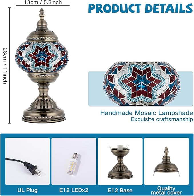 GOGERS Turkish Moroccan Table Lamp Lantern with Handmade Mosaic Glass Lampshade Tiffany Style Bohemian Stained Glass Decorative Desk Lamps Bedside Night Lights for Bedroom (Blue Red)