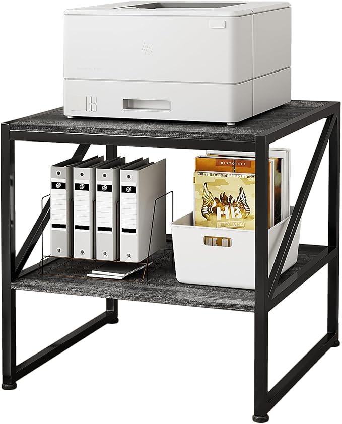 2-Tier Large Priner Stand with Storage Shelf, 20"×20" Under Desk Printer Table for Home Office Organization, End Table for Living Room, Heavy Duty Storage Rack for Scanner Fax Heat Press, Grey Oak