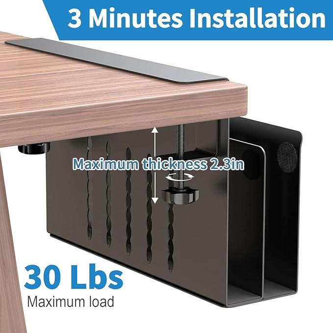 2 Tier Desk Side Storage, Desk Laptop Holder with Magnetic Pen Holder, No Drill Hanging Table Organizer for Office and Home Fits Flat Edge 0.3" to 2.3"
