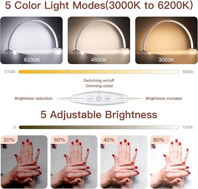2pcs Half Moon Light for Nail Desk 20 Inch and 24 Inch Half Moon Lamp Portable Ring Light for Eyelash Extensions Suitable for Nail Beauty Crafts Sculpture, Brightness Adjustable