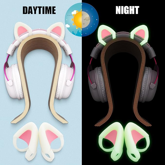 REEYEAR Glow in Night Cute Cat Ears Fits for HypreX Cloud/Cloud Stinger/Cloud Flight Headsets, Universal Fit Lovely Kitty Adjustable Attachment Straps for Gaming Headphone,Light Yellow&Pink