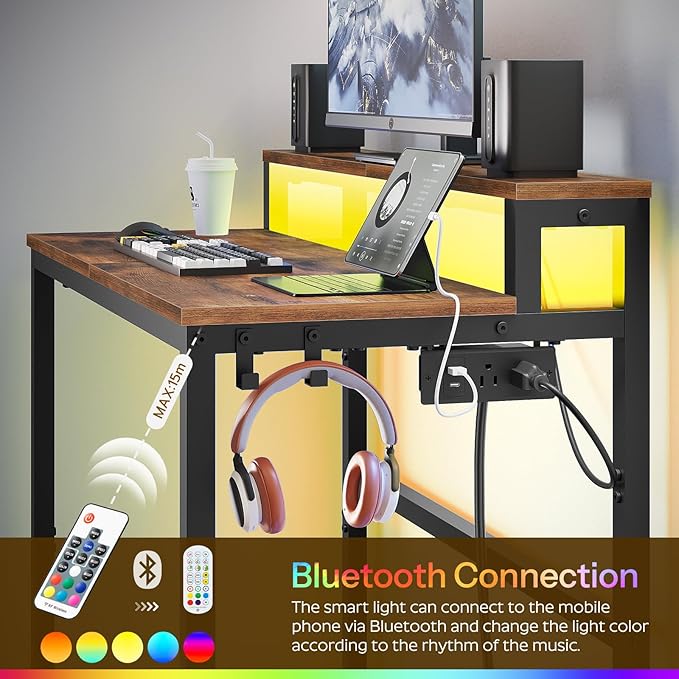 YATINEY Small Computer Desk with Charging Station and LED Lights, Gaming Desk with Monitor Stand, 2-Tier Home Office Desk with 4 Side Hooks, for Living Room, Home Office, Rustic Brown DN01UDBRY2