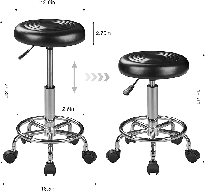 VECELO Hydraulic Salon Stool with Wheels, Height Adjustable PU Leather Swivel Seat, 300 lb Capacity (Black)