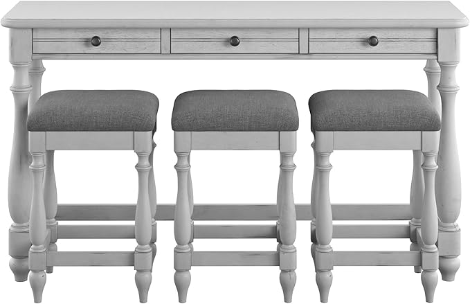 Coastal Desk Table Set with 3 Stools: White Wooden Table & Gray Upholstered Stools - 3 Drawer Workstation for Small Apartments & Home Office Use