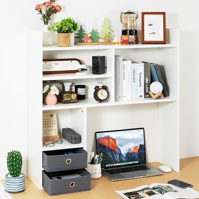 deli Desktop Bookshelf, High-Capacity Desk Hutch Organizer with 7 Shelves and 2 Drawers for Computer Desk, Desk Shelf Organizer for Dorm Office Home, White