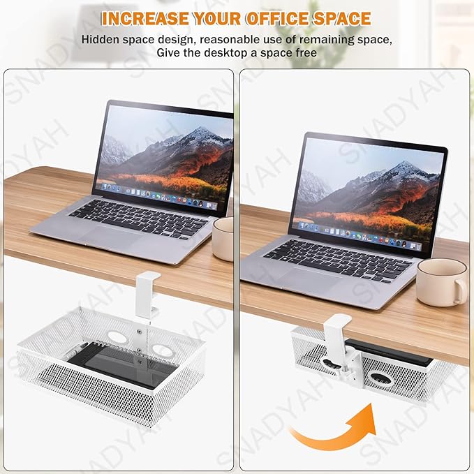 SNADYAH 【360 degree rotation under desk drawer Clamp-on Swivel Alloy Steel Drawer Hidden Desktop Organizer Pen Holder Easy to Instal/High capacity/desk drawer desk accessories (white)