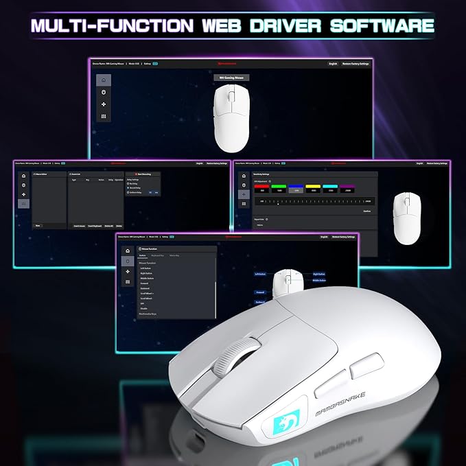 ATTACK SHARK × MAMBASNAKE M4 Wireless Gaming Mouse, 24000 Adjustable DPI PAW3311 Optical Sensor, Programmed Buttons, 52g Lightweight Ergonomic Computer Mice 2.4G/BT/USB-C for PC/Mac-White