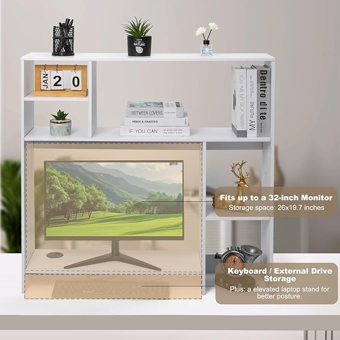 Modern Wooden Desktop Bookshelf Hutch, White Desk Organizer with 7 Shelves for Computer Desk, Vertical Storage for Small Desks, Home Office, Dorm