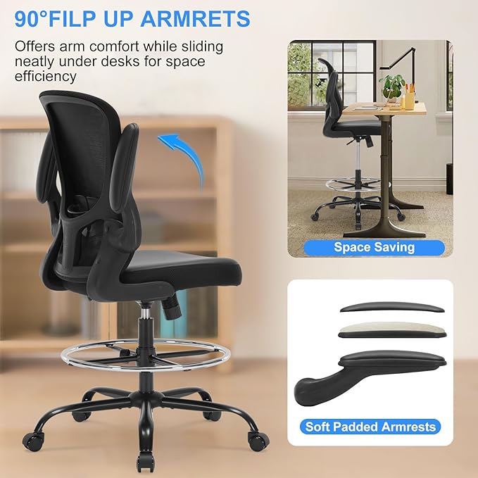 Ergonomic Drafting Chair, Standing Desk Chair with Lumbar Support Tall Office Chair with Flip-Up Arms Footrest Ring, Breathable Mesh High Desk Chair with PU Leather Seat Cushion, Black