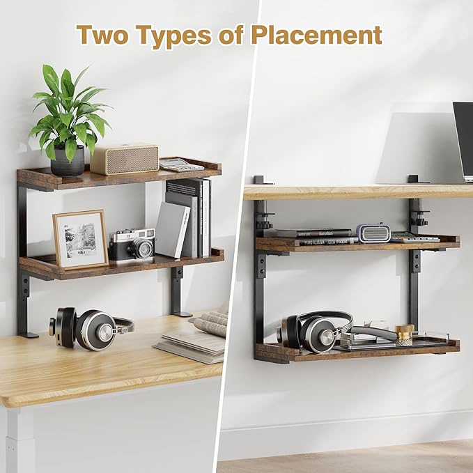 Clamp On Desk Shelf 2-Tier, 16.5 in Wood Shelving Unit for Office Desk/Gaming Accessories, Tabletop Book Storage Rack, Shelf for Top of Desk, Brown