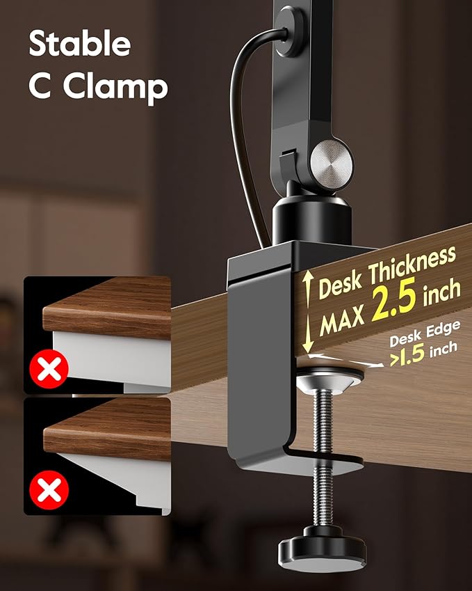 LitONES LED Desk Lamp for Home Office, 15W Desk Light with C- Clamp, Swing Arm, Memory & Timer Function, 1200LM Dimmable Computer Light for Video Calls, Conference, Study (White-Clamp)