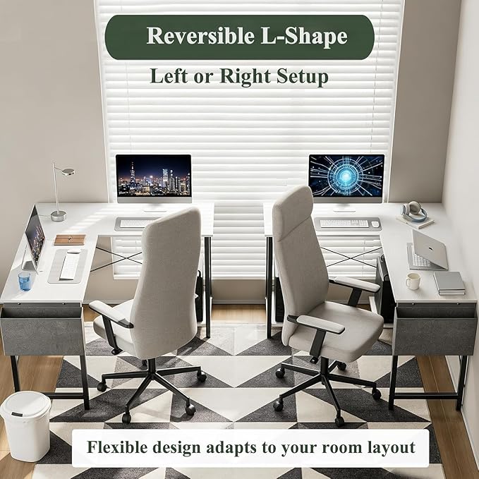 L Shaped Desk, 50 Inch Reversible Computer Desk Corner Gaming Table with CPU Stand & Storage Bag, Sturdy Metal Frame PC Workstation for Home Office, White Wood