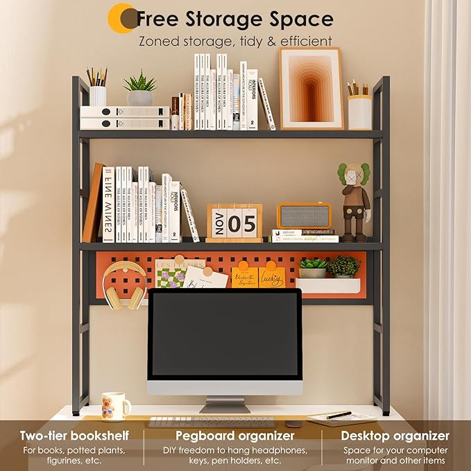 Brakki Desk Shelf, 35.43" Desk Hutch Bookshelf, Desktop Shelf with Pegboard for Computer Monitor, Metal Desktop Hutch Storage Organizer for Dorm Home Office, 2 Tier Bookcase, Black