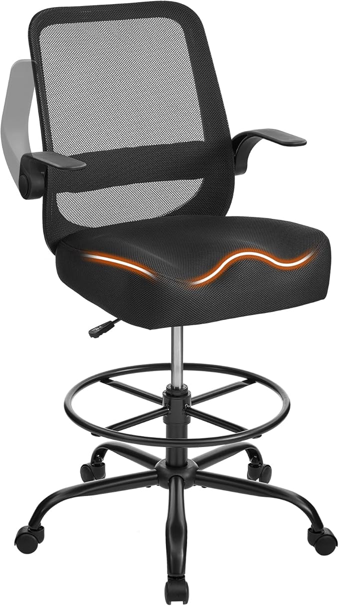 Drafting Chair for Standing Desks, 500LBS Capacity Tall Office Chair with Adjustable Height, Foot Ring, Flip-Up Armrests, Thick Curved Seat for Home Office, Drawing, and Creative Work