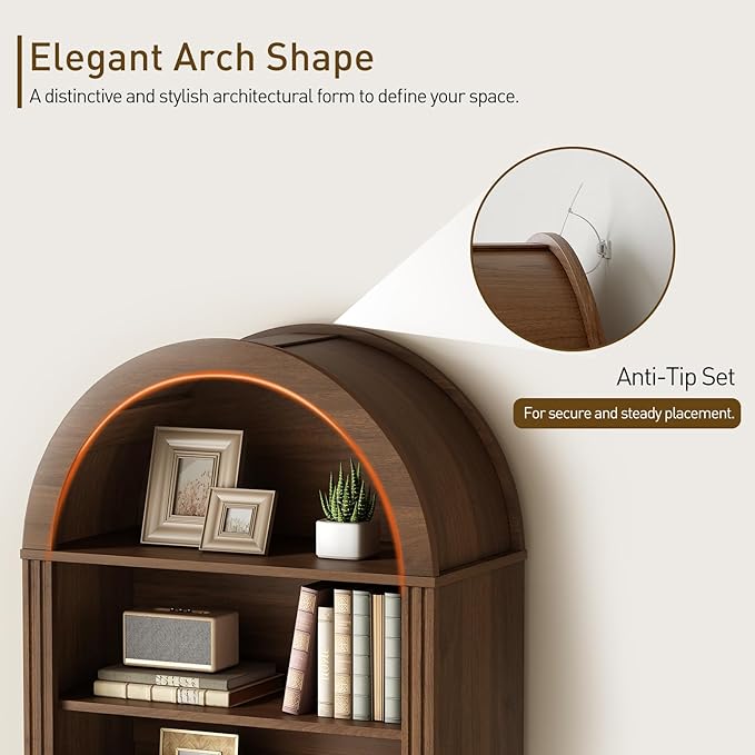 RALGEND Arched Bookshelf Set of 2, 73" Tall Arch Bookcase with Drawers, 6-Tier Farmhouse Book Shelf, Wooden Bookshelf with Open Display Shelves for Living Room, Office, Walnut