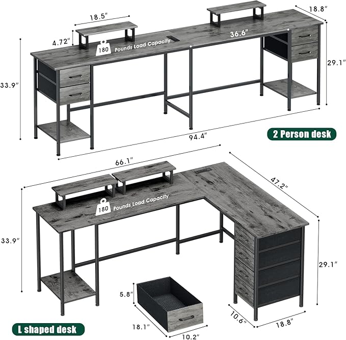 Korfile 66" L Shaped Computer Desk, 94.4'' Home Office Desk with Power Outlets, 4 Adjustable Storage Drawers & 2 Monitor Stands, Large Two Person Gaming Table for Writing Study, Grey