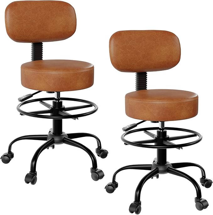 Drafting Chair with Back Support, Adjustable Foot Rest Rolling Stool, 360° Swivel Office Desk Chair with Wheels, Thick Seat Cushion for Home Bar Salon Tattoo Shop (2, Brown)