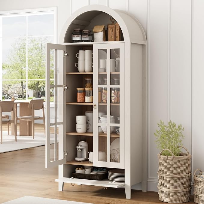 70" Tall Arched Cabinet, Modern Farmhouse Wooden Display Cabinet with Glass Doors, 6 Tier Bookshelf with Adjustable Shelves for Living Room, Office, Antique White